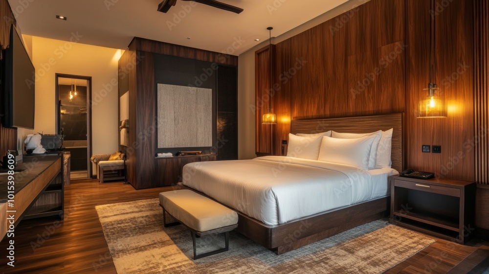 Spacious room with modern decor features a large bed against a dark wood accent wall, creating a stylish and inviting ambiance. Spacious room with modern decor features a large bed against a dark wood accent wall, creating a stylish and inviting ambiance.