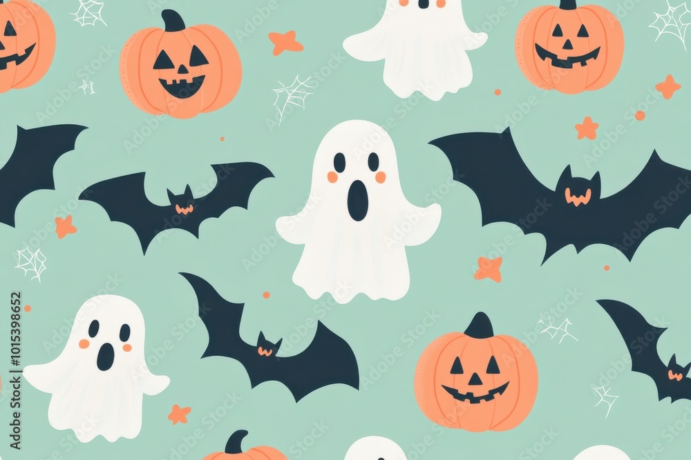 A Halloween themed drawing of bats, ghosts, and pumpkins A Halloween themed drawing of bats, ghosts, and pumpkins