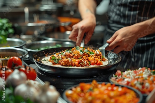 A person serving a plate of enchiladas at a restaurant.