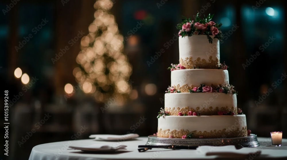 A stunning four-tier wedding cake with intricate floral designs and gold detailing sits elegantly on a table, accompanied by a silver cake knife, ready for the celebration A stunning four-tier wedding cake with intricate floral designs and gold detailing sits elegantly on a table, accompanied by a silver cake knife, ready for the celebration