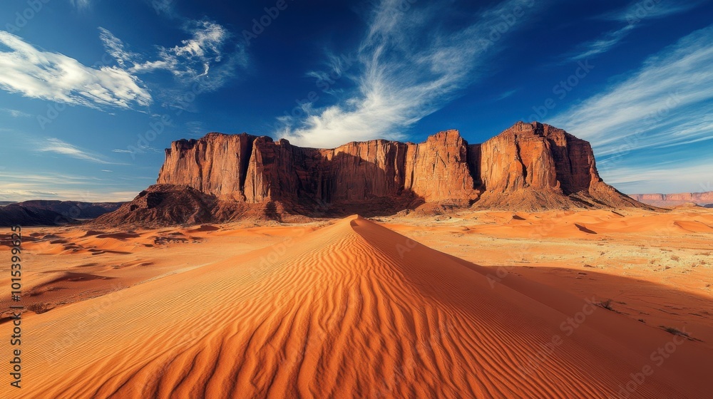 Naklejka premium A dramatic landscape shot of an orange-hued desert with sand dunes and rugged rock formations under a deep blue sky.