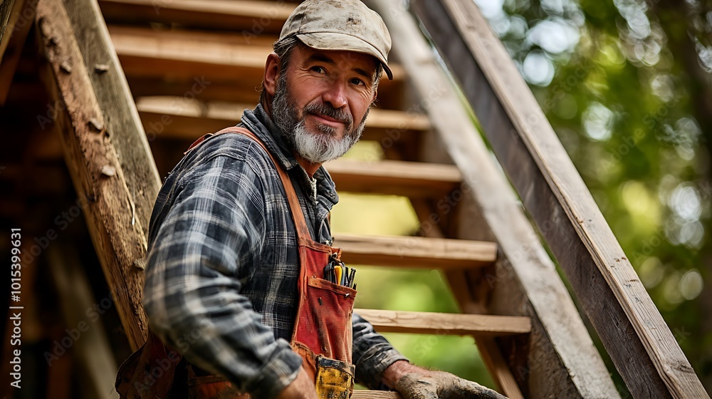 A portrait of a carpenter constructing wooden stairs. A portrait of a carpenter constructing wooden stairs.