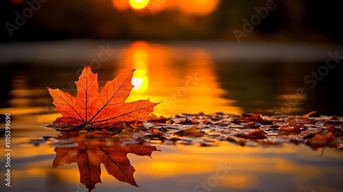 utumn leaves floating on the surface of a tranquil lake, reflecting the vibrant colors of fall. This image symbolizes change, the beauty of nature, and the cycle of life photo