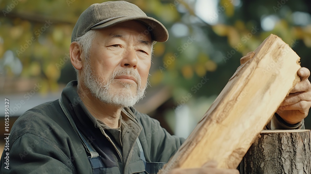 A portrait of a carpenter inspecting a wooden piece for quality. A portrait of a carpenter inspecting a wooden piece for quality.