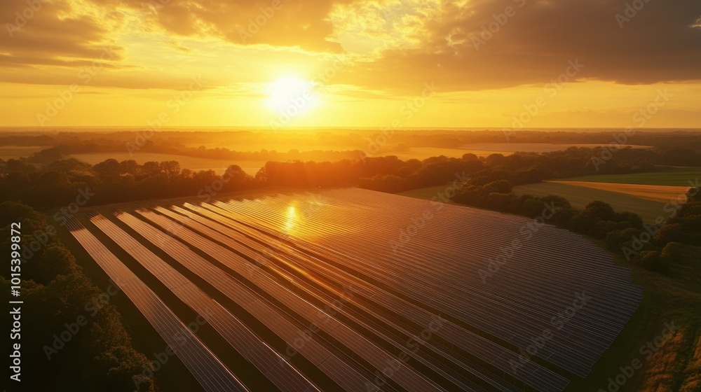 Fototapeta premium A drone aerial view of a large solar farm in a rural area, with the sun setting behind the panels.