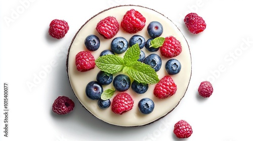  A cake with raspberries, blueberries and raspberries on top on a white surface