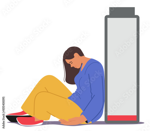 Woman Sitting On The Floor With Her Head Down Next To An Empty Battery Icon Representing Exhaustion And Lack Of Energy