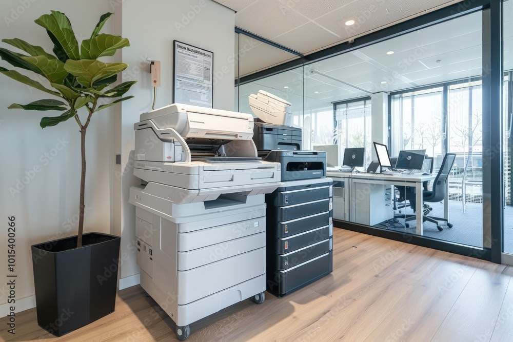 A white and black printer is on a desk in front of a window, generative ai image A white and black printer is on a desk in front of a window, generative ai image