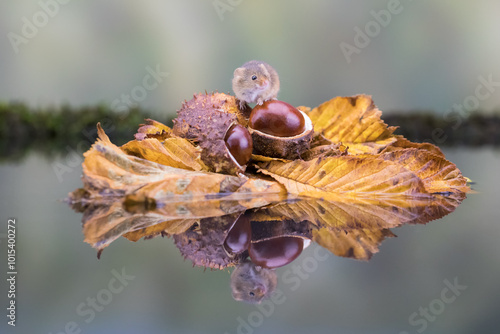 Reflections of a tiny cute harvest mouse sitting on conkers and yellow leaves  photo