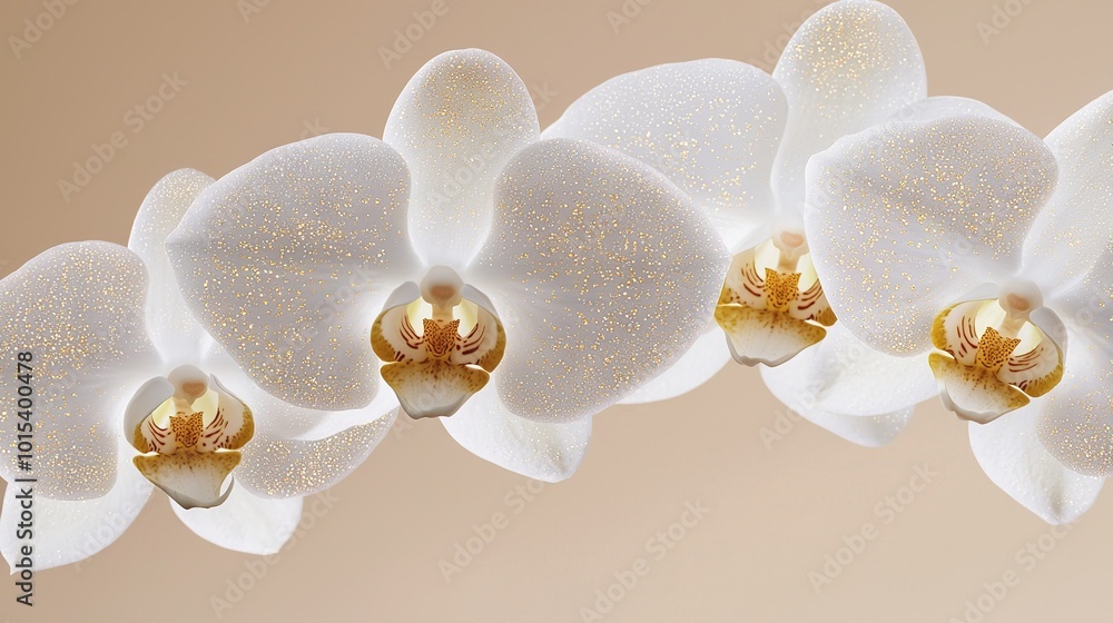 A close-up of a white flower with gold spots on its petals, with a white flower with gold spots in the center A close-up of a white flower with gold spots on its petals, with a white flower with gold spots in the center