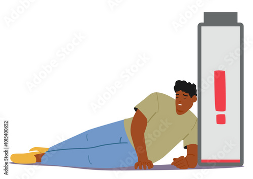 Exhausted Man Lying Beside A Low Battery Symbol Indicating Tiredness And Energy. Concept Of Exhaustion And Burnout