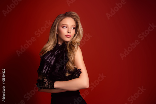 Photo of stunning lady aristocrat cross hands look empty space banner for halloween ads red background