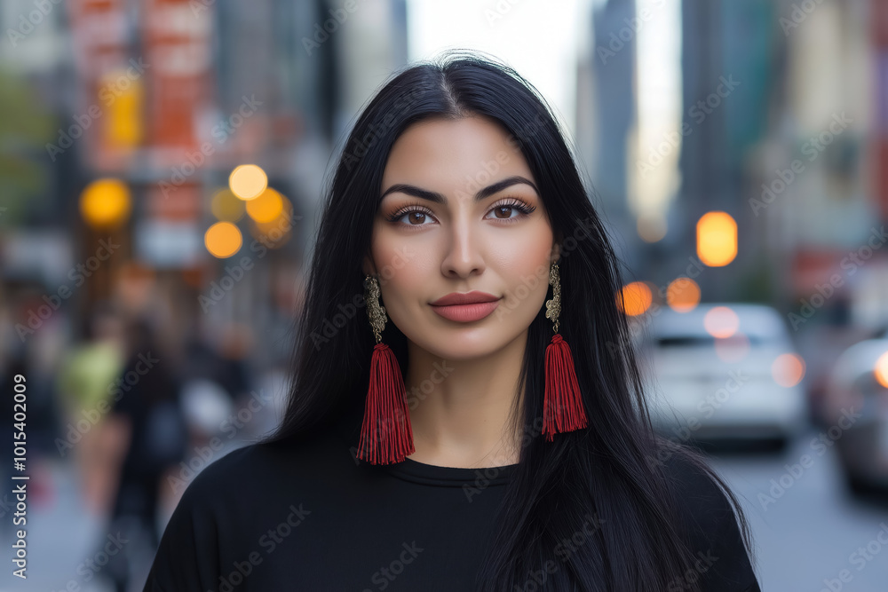 beautiful brunette woman with long black hair and red tassel earrings on a city street beautiful brunette woman with long black hair and red tassel earrings on a city street