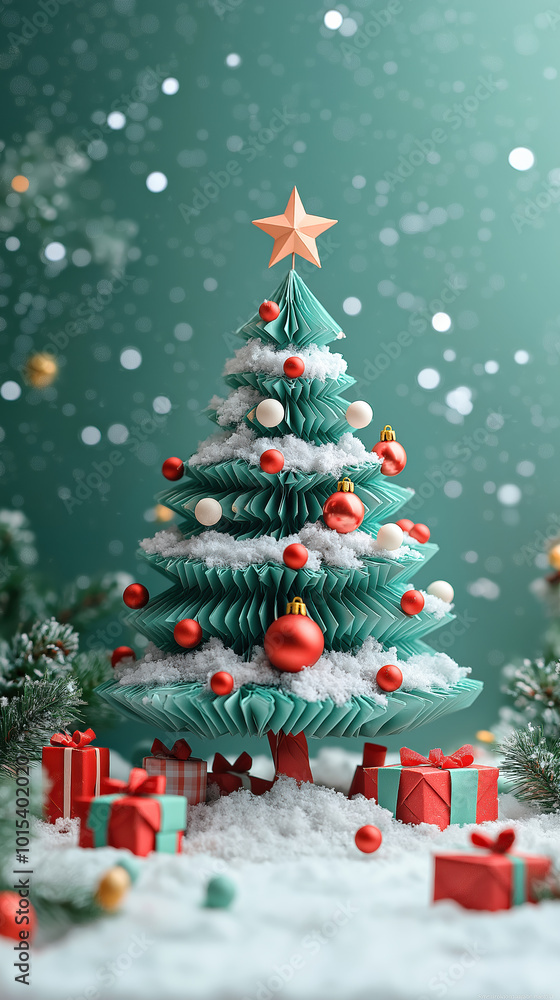 Origami Christmas Tree With Christmas Star In Top Light Snow And Presents, With Copy Space, Christmas Holiday, Holiday Season. Origami Christmas Tree With Christmas Star In Top Light Snow And Presents, With Copy Space, Christmas Holiday, Holiday Season.