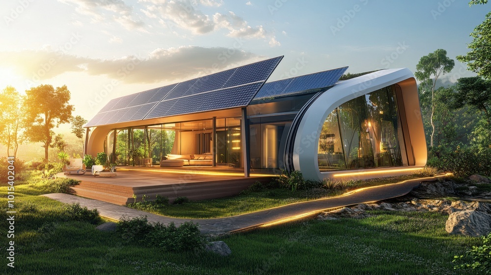 Obraz premium A futuristic smart home powered entirely by solar energy, with large panels integrated into the roof and walls.