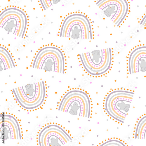 Halloween rainbow seamless pattern, simple hand drawn repeat illustration in trendy pastel colors, minimalist concept perfect for textile, celebration decor, cards, gift paper, papercraft