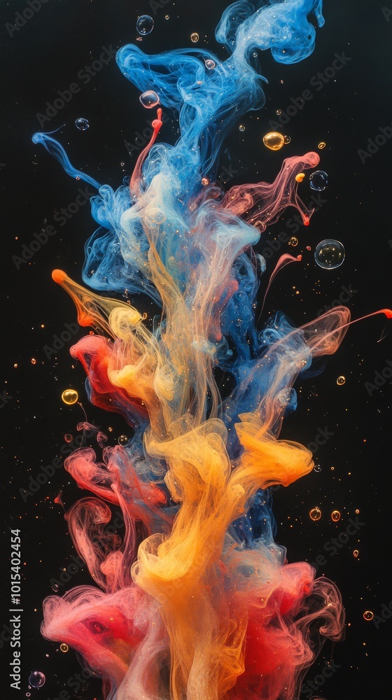 Obraz premium Vibrant ink explosion of red, blue, and yellow colors in dark space
