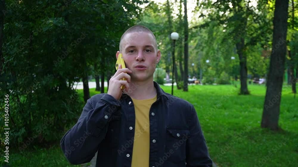 modern yellow smartphone in the hands of a teenager. a charming guy emotionally communicates using a cellular connection. people and wireless technologies. modern yellow smartphone in the hands of a teenager. a charming guy emotionally communicates using a cellular connection. people and wireless technologies.