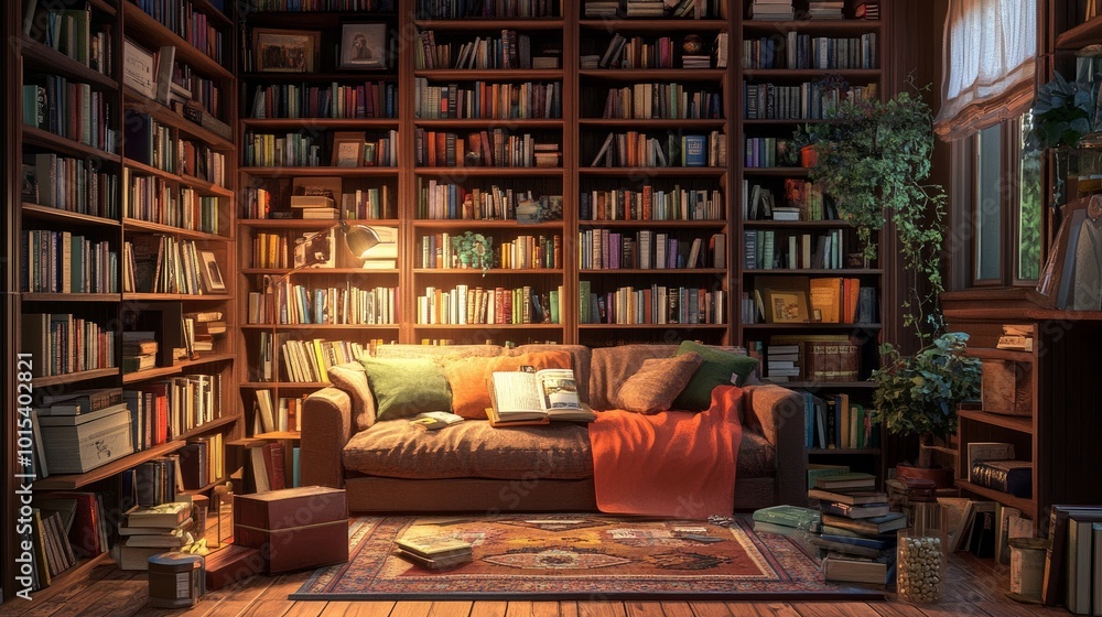 A cozy home library featuring a variety of books arranged on shelves and a pleasant spot to read A cozy home library featuring a variety of books arranged on shelves and a pleasant spot to read