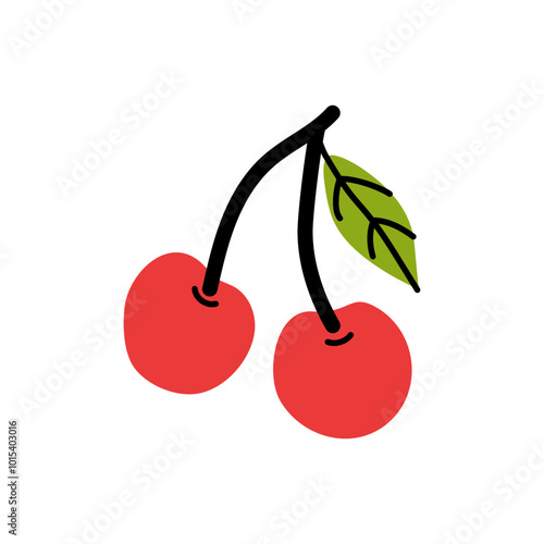 Two ripe red cherries with a green leaf on a thin stem against a plain background