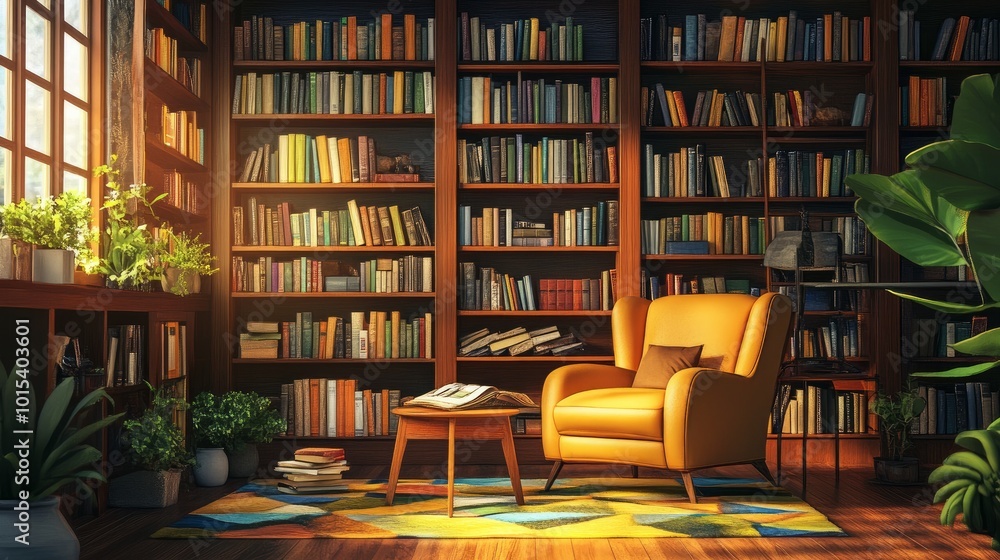 A cozy home library featuring a variety of books arranged on shelves and a pleasant spot to read A cozy home library featuring a variety of books arranged on shelves and a pleasant spot to read