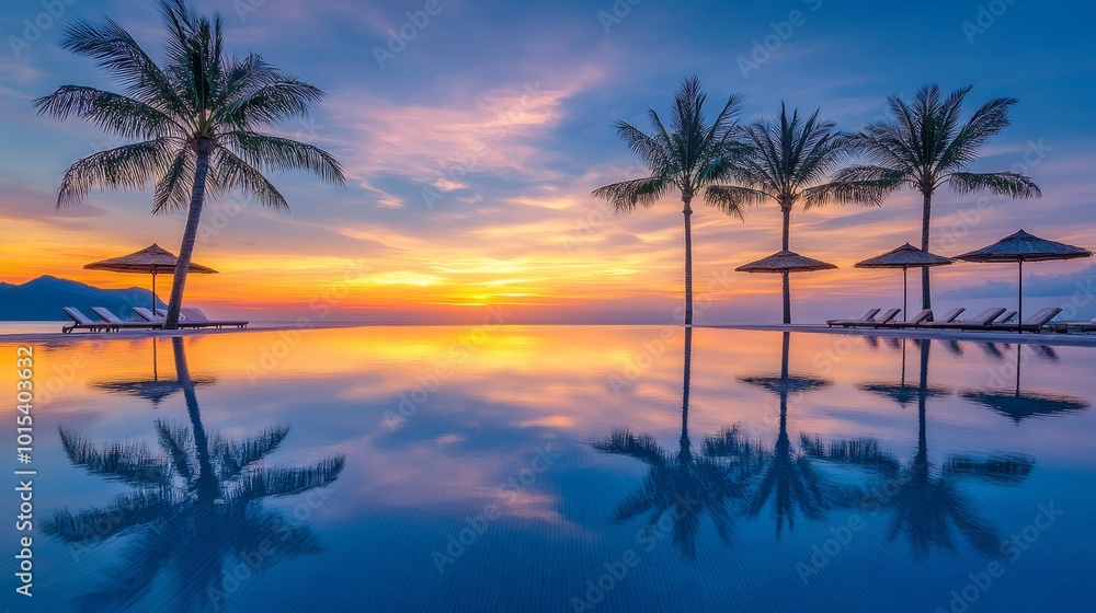 Stunning poolside view at sunset with palm trees reflected in the infinity pool. Luxury tropical beach scene with loungers and umbrellas. Dreamy vacation resort setting. Stunning poolside view at sunset with palm trees reflected in the infinity pool. Luxury tropical beach scene with loungers and umbrellas. Dreamy vacation resort setting.