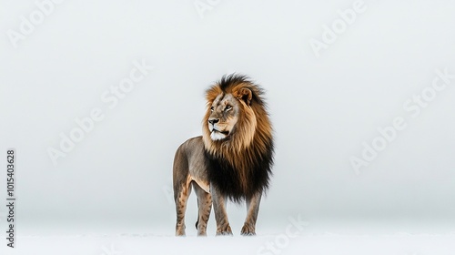   A pair of lions sitting atop snow-covered ground beside a white wall