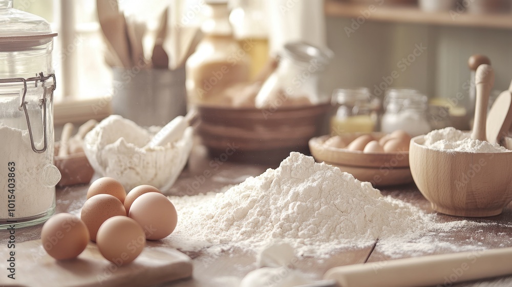 A kitchen table filled with ingredients for baking, including flour, eggs, and rolling pins, ready for a family baking session. A kitchen table filled with ingredients for baking, including flour, eggs, and rolling pins, ready for a family baking session.