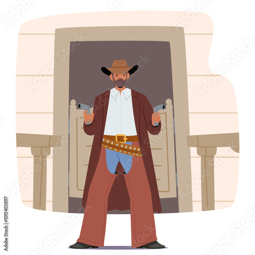 Cowboy Standing in Front of a Saloon Holding Two Guns. Character Wears a Traditional Western Outfit, Including a Hat