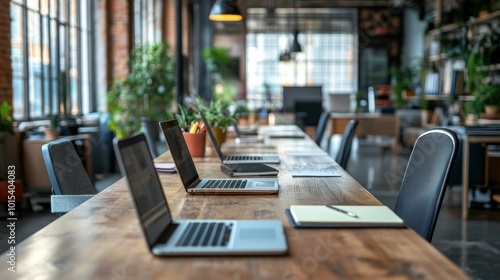 Wallpaper Mural A long conference table in a modern office, with laptops and notebooks set up for a meeting. Torontodigital.ca