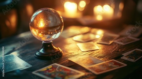 glowing crystal ball resting on an ornate wooden stand,with tarot cards and candle lights, magic scene