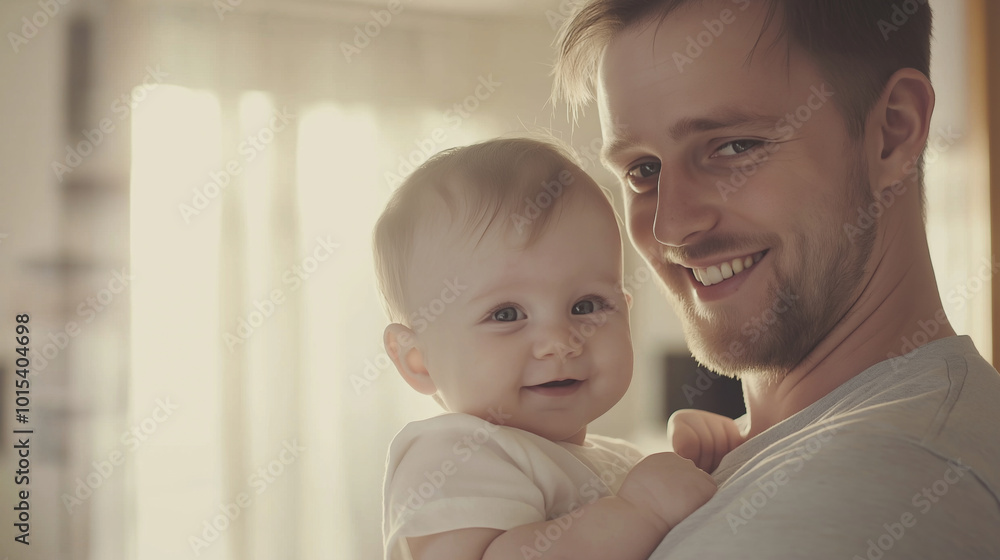 Young father lovingly holds his smiling baby son in a cozy home, showcasing the bond between parent and child in a joyful moment Young father lovingly holds his smiling baby son in a cozy home, showcasing the bond between parent and child in a joyful moment
