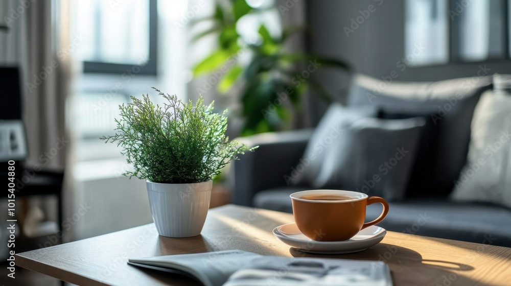 A minimalist coffee table with a plant, a cup of tea, and a magazine in a Scandinavian-inspired living room. A minimalist coffee table with a plant, a cup of tea, and a magazine in a Scandinavian-inspired living room.
