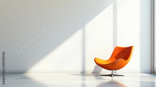 A minimalist interior with a pop of orange from a single modern chair in a white room, adding a touch of bold color.