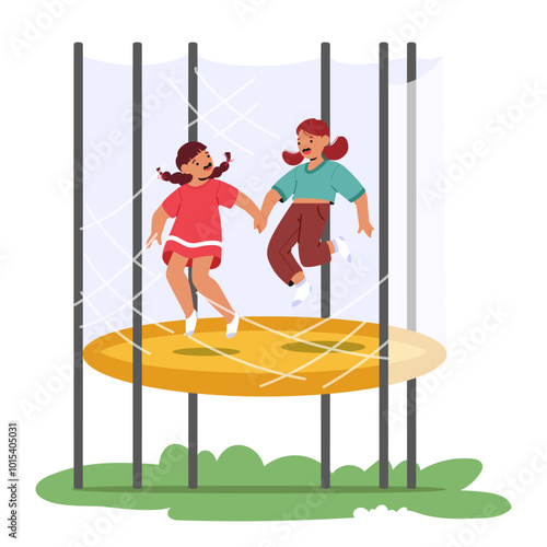 Two Joyful Children Enjoy a Sunny Day by Jumping on a Trampoline Outdoors Embracing Playfulness and Friendship