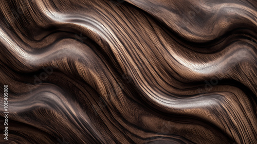 Close-up texture of black walnut wood, showcasing deep chocolate brown and purplish undertones. The grain is wavy with tight curls. photo