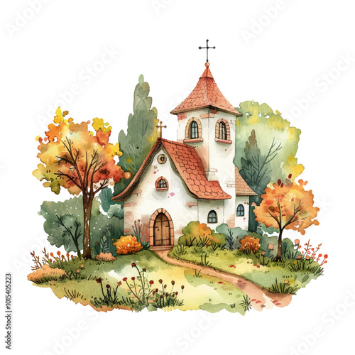 old church with nature lanscape vector illustration in watercolor style