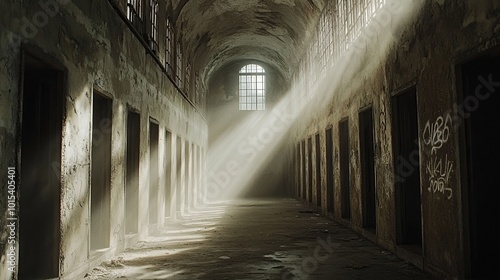 Abandoned corridor with light beams and graffiti.