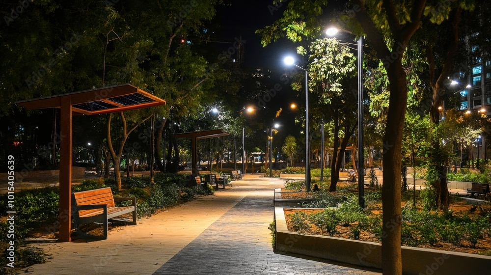 A nighttime shot of a solar-powered public space, with energy-efficient lights illuminating pathways and seating areas A nighttime shot of a solar-powered public space, with energy-efficient lights illuminating pathways and seating areas