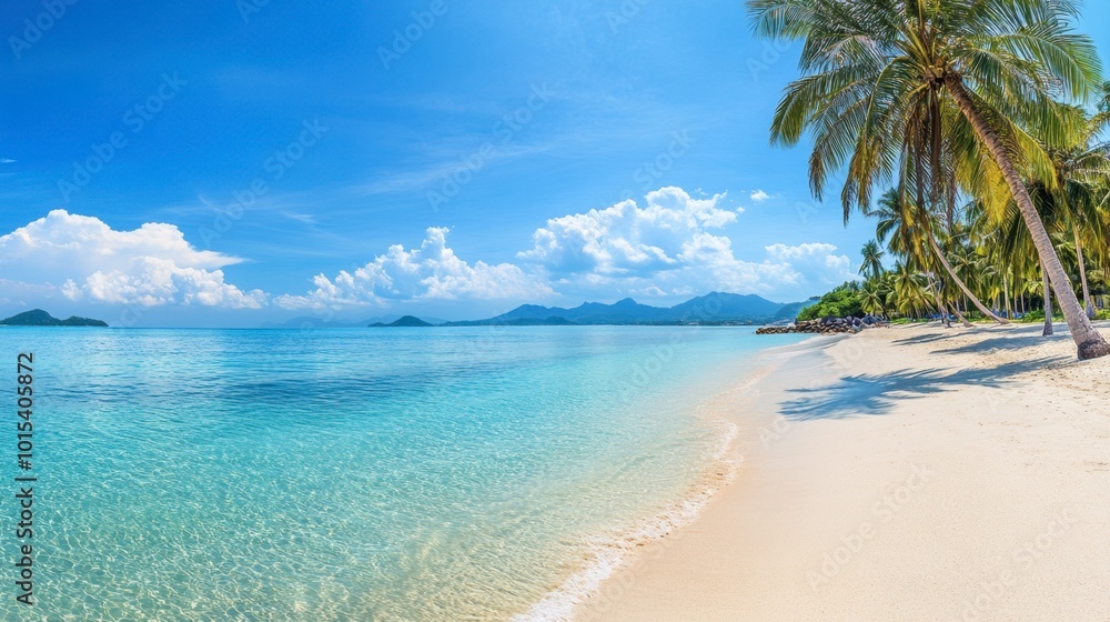 Naklejka premium A panoramic shot of the white sand beaches of Koh Samui, with palm trees swaying in the breeze and crystal-clear water.