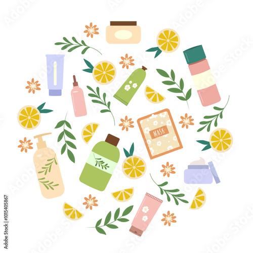 Hand drawn vector elements of natural and organic cosmetics, cream, shampoo, essential oil and face mask. Skin and hair care products. Collection of home spa objects