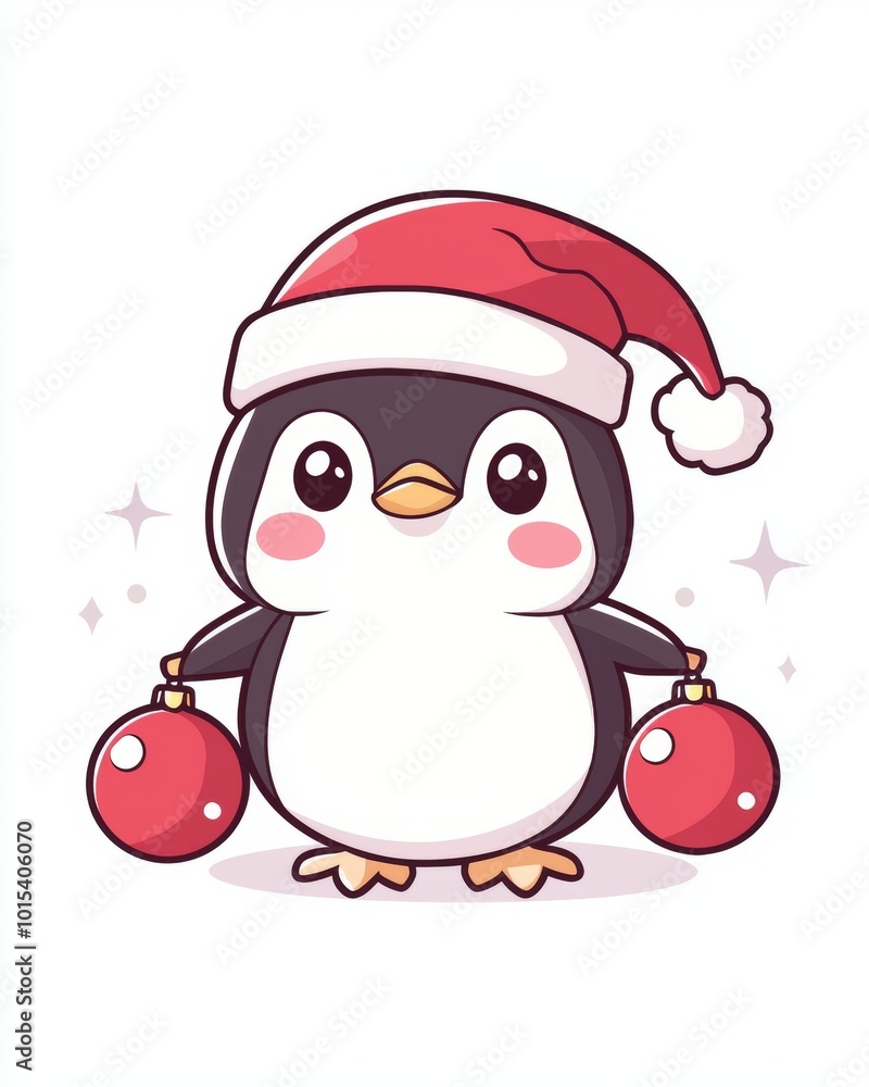 Cute cartoon penguin wearing a santa hat and holding christmas baubles, perfect for festive designs and holiday greetings Cute cartoon penguin wearing a santa hat and holding christmas baubles, perfect for festive designs and holiday greetings
