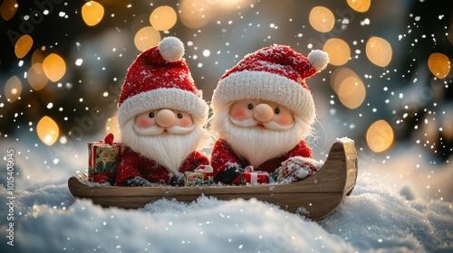 Wallpaper Mural Two Santa Clauses on small wooden sleighs with gifts. Christmas greeting card with Santa Claus. Festive decoration. New Year. Selective focus. Cute funny gnomes, decorated for Christmas Torontodigital.ca