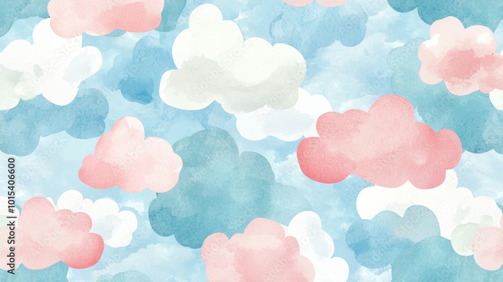 Seamless pattern of fluffy pink, blue and white clouds floating on a blue sky background, painted with watercolor. Perfect for baby shower, nursery art or scrapbooking Seamless pattern of fluffy pink, blue and white clouds floating on a blue sky background, painted with watercolor. Perfect for baby shower, nursery art or scrapbooking