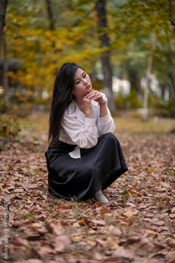A beautiful young girl in a white blouse and a long black skirt is posing in an autumn park. A beautiful young girl in a white blouse and a long black skirt is posing in an autumn park.