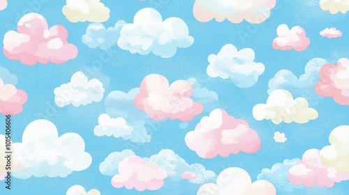 Whimsical and dreamy design featuring soft, pastel-colored clouds floating across a vibrant blue sky. This seamless pattern is perfect for adding a touch of whimsy and joy to any project