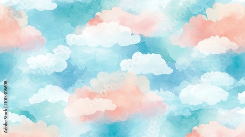 Seamless pattern of a cloudy sky in pastel blue and pink colors, resembling a watercolor painting with its soft texture and dreamy atmosphere