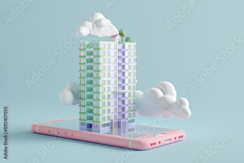 mobile technology, smartphone, building, architecture, clouds, modern design, digital concept, D rendering, pastel colors, innovation, futuristic presentation, creativity, urban landscape, virtual r photo