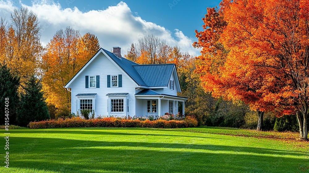 Charming white house surrounded by autumn foliage. Charming white house surrounded by autumn foliage.