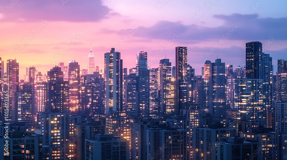 Obraz premium City skyline at dusk with illuminated buildings.
